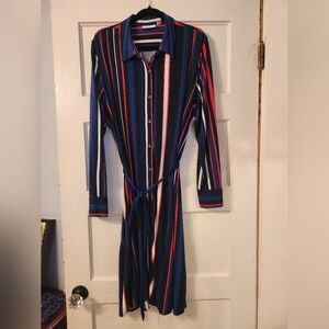 Susan Graver Dress, Button Front, Tie Waist Striped Stretch Blue Size XL EUC QVC